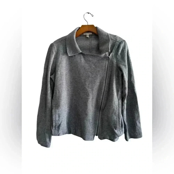 Eileen Fisher Organic Cotton Tweed Moto Herringbone Jacket Gray Size M - Picture 2 of 15